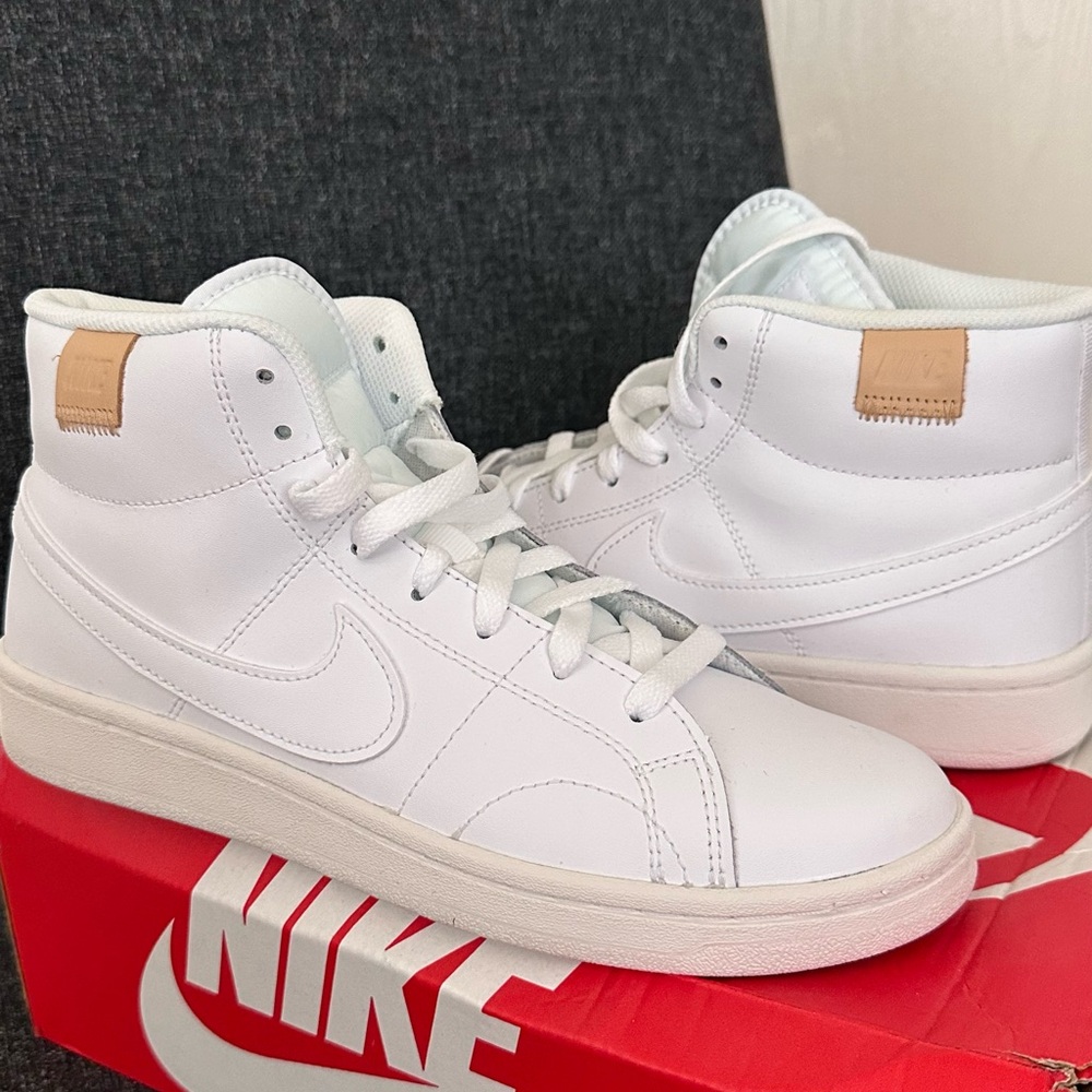 Nike White High-Top Athletic Sneakers with Tan Heel Tab
